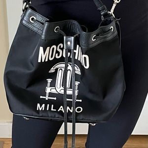 Moschino black logo print nylon and leather bucket bag